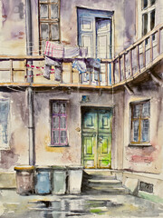 Hand drawn watercolor illustration of countrysides backyard. A neglected, dirty yard. A balcony where laundry is drying, doors, garbage cans, and puddles in the foreground.