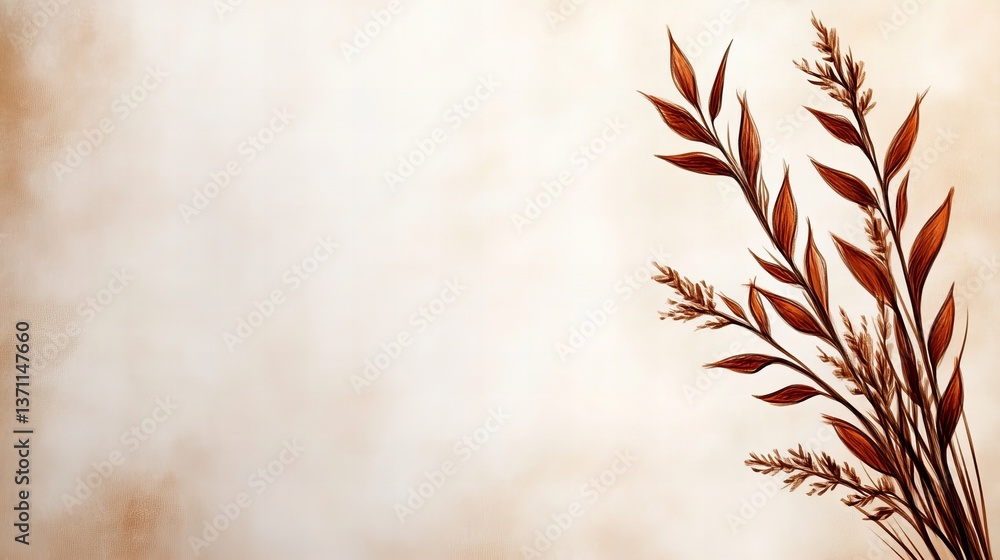 Poster brown foliage art stands against a muted tan background with a cloudy gradient on the left side of t