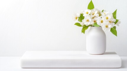Delicate white flowers in a simple vase on a white shelf