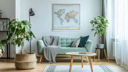 Stylish scandinavian living room and dining room with design mint sofa, mock up poster map, plants and elegant personal accessories. Modern home decor. Open space. Template. Ready to use. 