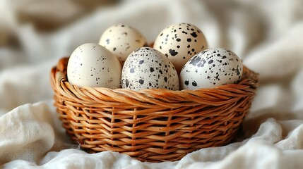 A woven basket contains several speckled eggs upon a white cloth