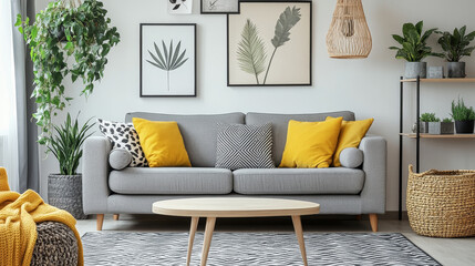 Modern boho interior of living room at cozy apartment with gray sofa, honey yellow pillows and plaid, plants, mock up posters, rattan basket and design personal accessories. Stylish home decor. 