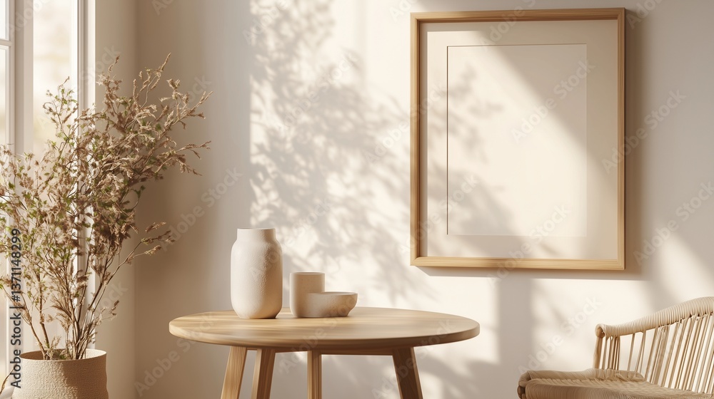 Poster empty frame on table. mockup of interior with colors and pastel frame. high quality rendering of a s