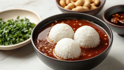 Delicious Rice Balls in Spicy Sauce with Fresh Herbs and Peanuts