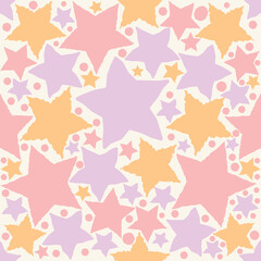A seamless pastel star pattern featuring soft pink, lavender, and golden yellow stars on a light background. Perfect for kids' designs, wallpapers, textiles, gift wrapping, and party decorations.
