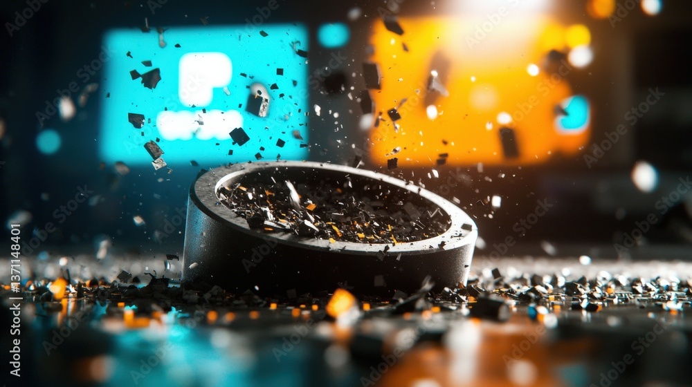 Poster explosive data disruption simulation technology lab digital art futuristic environment close-up view
