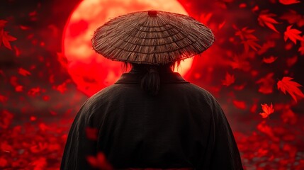 Silhouette of a Samurai Under Red Moon Amidst Autumn Leaves in Mystical Japanese Landscape