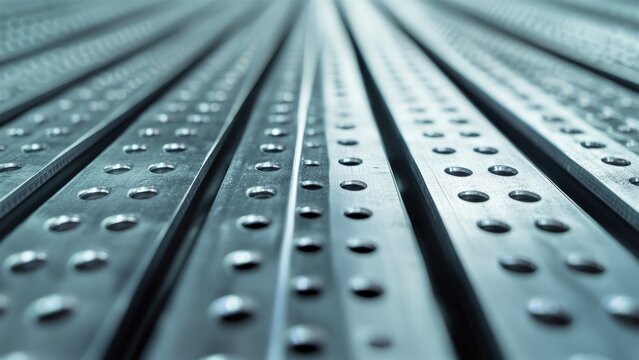Close-Up of Metal Strips with Holes and Linear Patterns