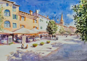 Colorful architecture of Town of Grado. The main street is flooded with sun, tourists under umbrellas in cafes.Friuli-Venezia Giulia region of Italy. Original watercolor painting.