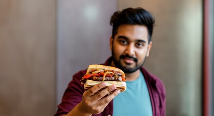 Young asian male holding grilled sandwich