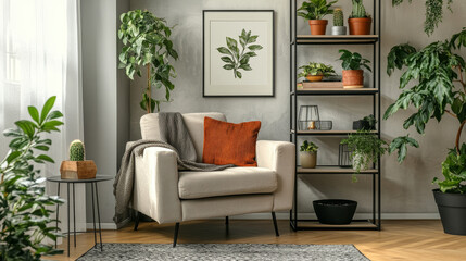 Stylish living room interior design with mock up poster frame frotte armchair, black metal shelf, side table, plants and creative home accessories. Home staging. Template. Copy space.
