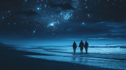 Starry Night Beach Walk: Three Silhouettes Stroll Along the Shore Under a Celestial Canvas