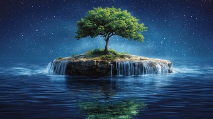 A whimsical floating island, covered in lush greenery and waterfalls, home to an ancient tree of knowledge whose glowing leaves whisper secrets of the universe. 