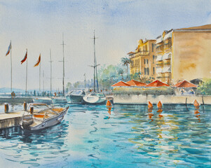 Original watercolor painting of Sirmione - a resort on Garda Lake in northern Italy.