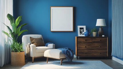 Elegant modern living room interior design with fluffy armchair, pouf, wooden commode, mock up poster frame and modern home accessories. Blue wall. Template. Copy space