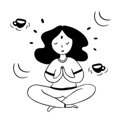 Cute doodle cartoon man meditating. Line drawing sketch style. Mindfulness, harmony and balance
