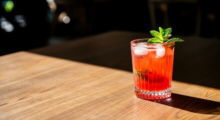 Refreshing red cocktail with ice and mint on wooden table in sunlight