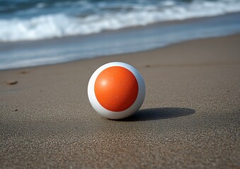 Naklejka premium An orange and white ball sits peacefully on a sandy beach