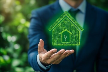 Businessman interacting with green energy icons on virtual screen for eco friendly tech solutions