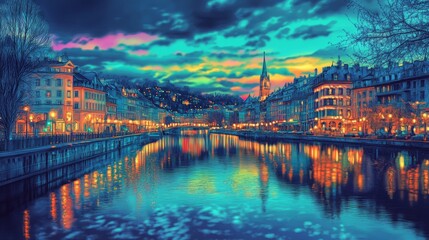 Fototapeta premium Vivid city lights reflect in calm river.