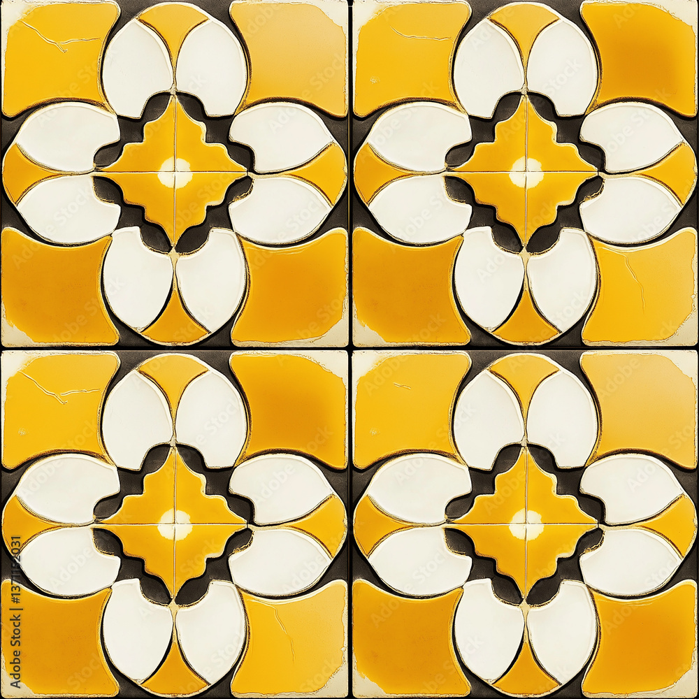 Poster Seamless pattern of yellow and white ornamental tiles creating a decorative surface