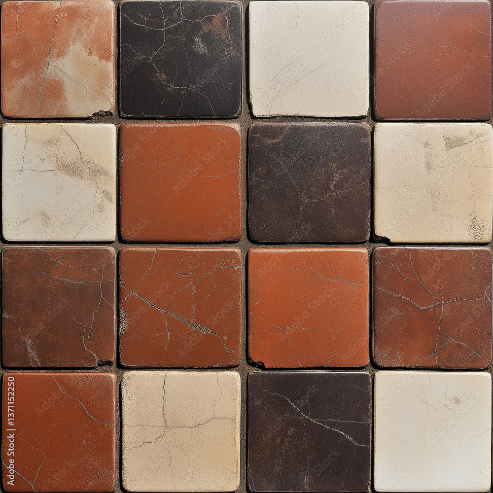 Poster Checkerboard pattern of cracked and weathered tiles creating a rustic surface