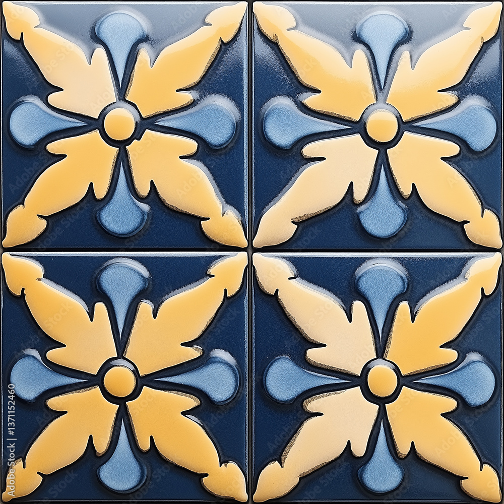 Poster Seamless tileable texture of glossy ceramic tiles showing repeating floral pattern in blue and yellow