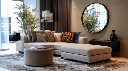Modern ethnic living room interior with design chaise lounge, round mirror, furniture, carpet, decoration, stool and elegant personal accessories. Template. Stylish home decor.