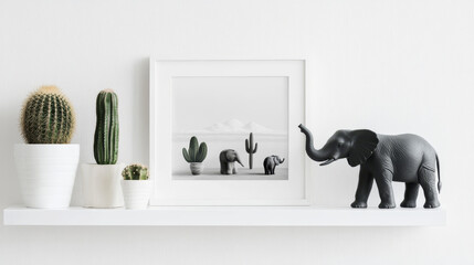 Stylish and modern white interior with mock up frame, cacti and elephant figures. White concept of cupboard shelf.