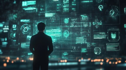 Man Viewing Digital Interface with Data and Abstract Visualizations Concept