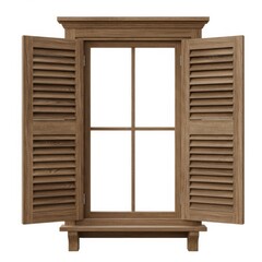 Obraz premium Rustic wooden window frame with open shutters and louvered panels on a white background
