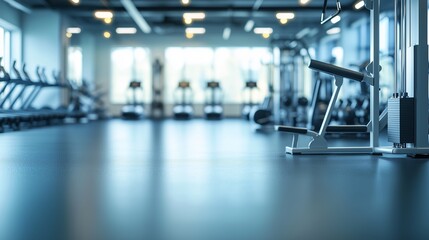 Fototapeta premium An empty gym room with row of machines. Fully equipped gym. A room with exercise equipment and a chair. A vacant gymnasium featuring a line of exercise machines lifestyle.