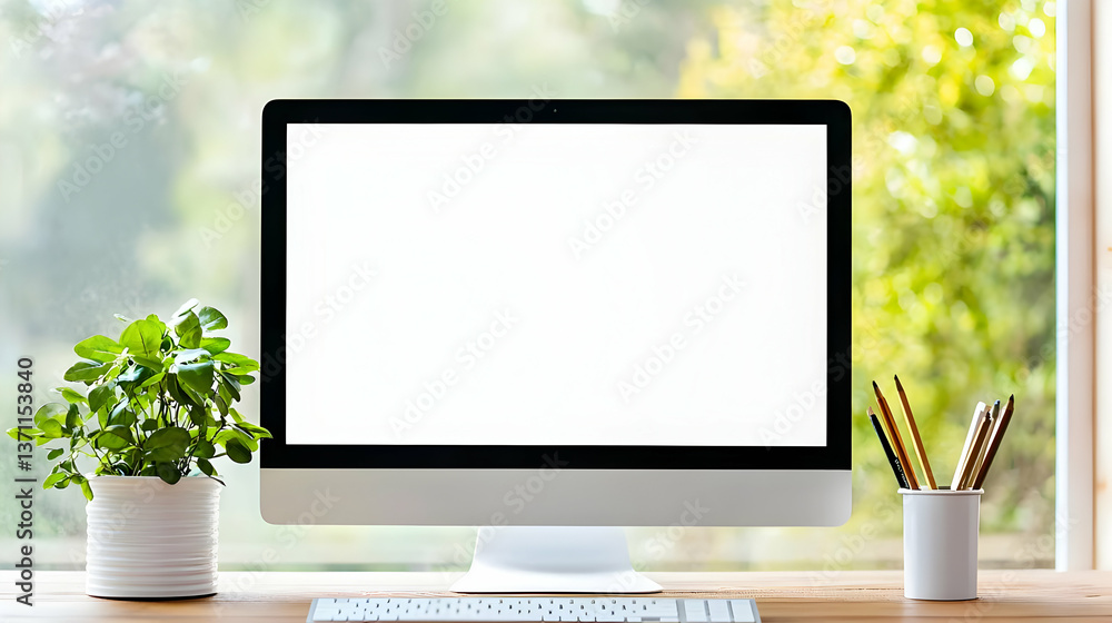Poster modern workspace with computer and plants by window