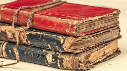 Old, aged books stacked and tied together with twine against a cream background