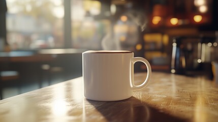 Coffee mug on wooden table. Cappuccino latte with espresso and a steaming coffee. Cafeteria with a cup of coffee and energy for breakfast. A coffee cup placed on a lifestyle wooden surface.