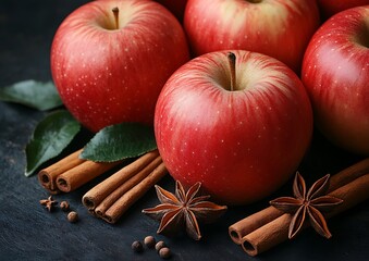 Red Apples With Cinnamon Sticks And Star Anise Presented Beautifully