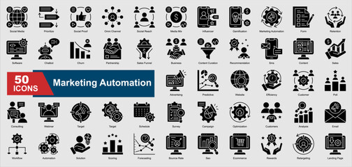 Marketing Automation glyph icons featuring automation, CRM, email marketing, customer retention, analytics, chatbot, and more. Perfect for illustration and design.