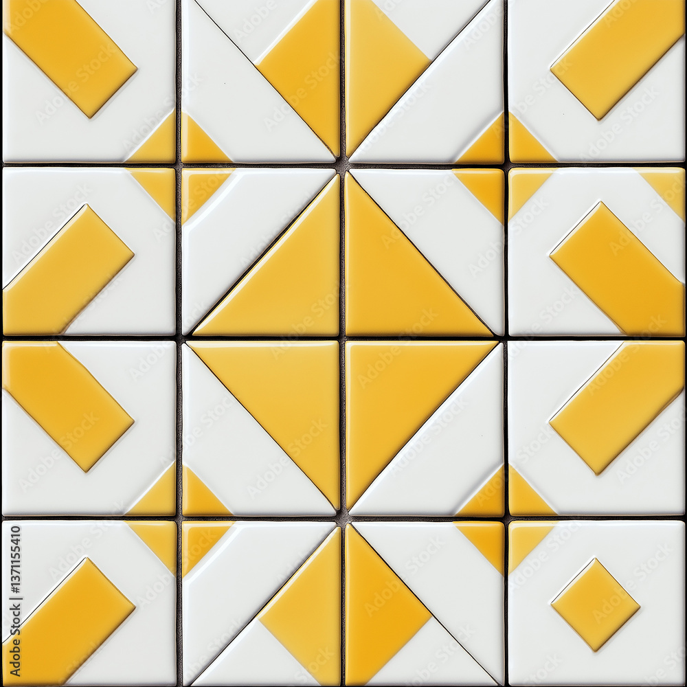 Poster Yellow and white ceramic tiles creating geometric pattern