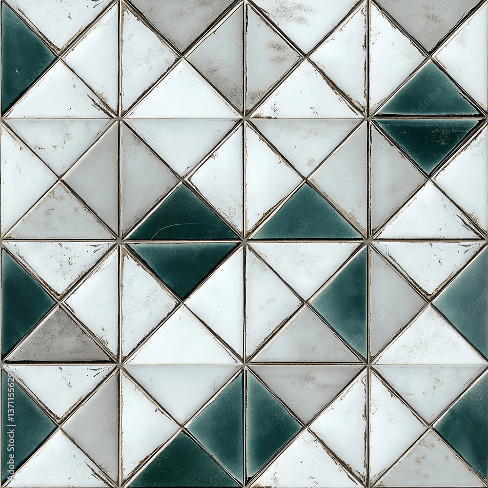 Poster Green and white triangular ceramic tiles creating geometric pattern