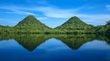 Stunning panoramic landscape  mountain peaks reflecting in a serene lake surrounded by lush forests