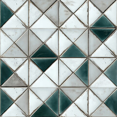 Green and white triangular ceramic tiles creating geometric pattern