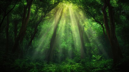 Obraz premium Sunlight filtering through a lush forest canopy