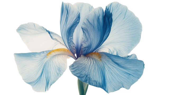 Png of A stunning blue iris flower displaying delicate petals with soft gradient hues and intricate veining on transparent background.