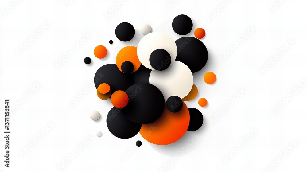Poster circles of varying sizes are arranged in an abstract circular pattern featuring black, orange, and w