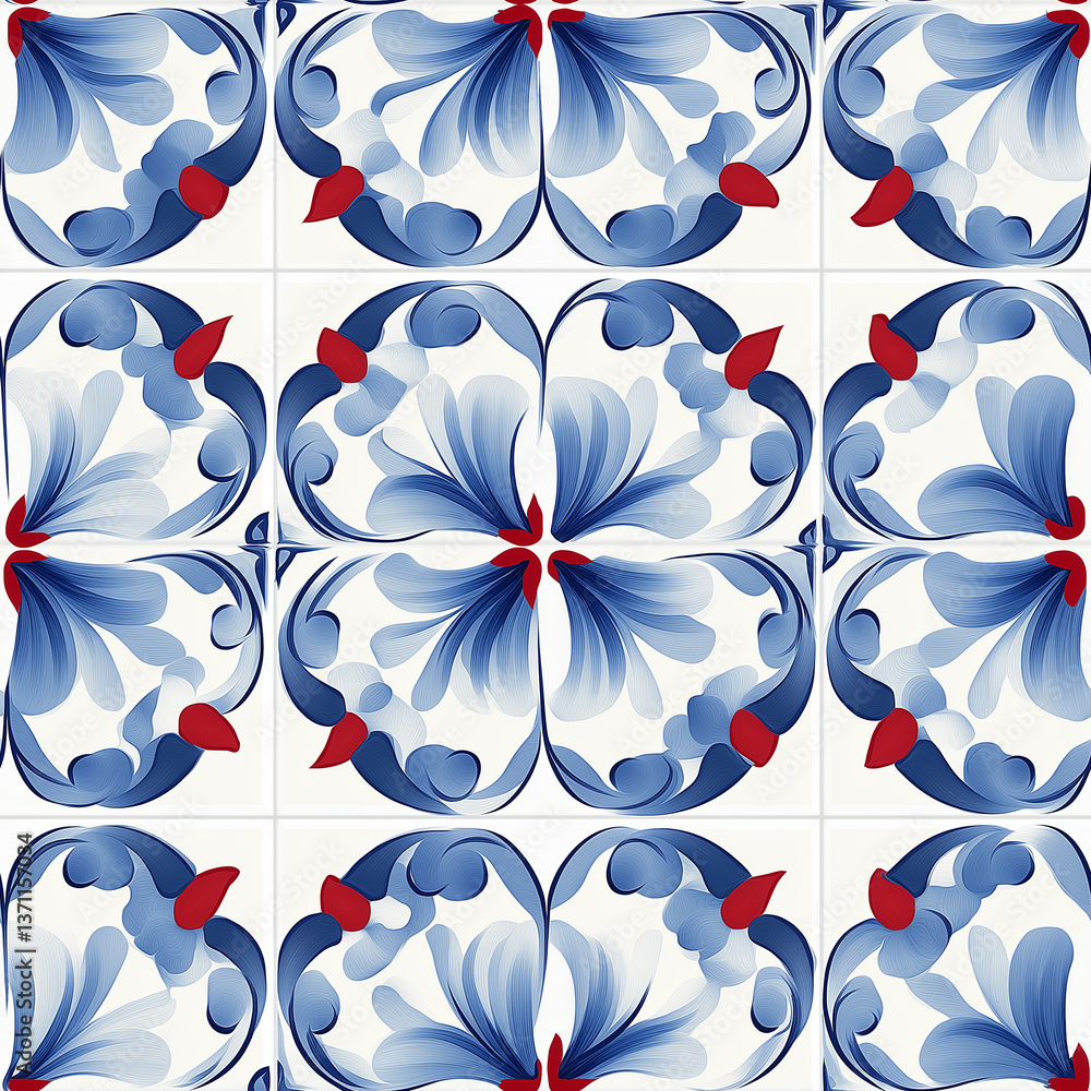 Poster seamless pattern of blue and red azulejo tiles creating a classic portuguese design