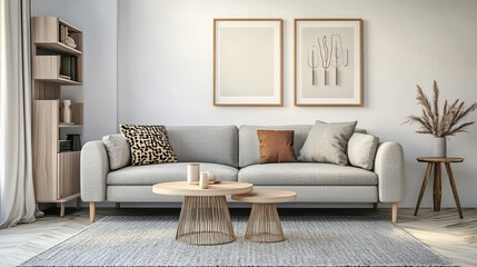 Stylish scandi interior of home space with design grey sofa and retro small table. Living room with design accessories and mock up poster frame. Elegant decor. Brown wooden parquet with modern carpet.