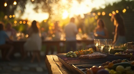An outdoor bbq with people sitting around it. A summer vacation with a barbecue at sunset. Grilled meat and vegetables for dinner. A backyard barbecue with guests gathered around it lifestyle.