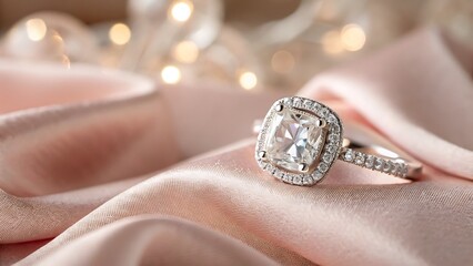 Sparkling cushion cut diamond engagement ring on soft pink silk with warm lights a symbol of