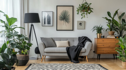 Stylish scandinavian living room interior with gray sofa, black lamp, design commode, tropical plants, decoration books and personal accessories. Mock up abstract paintings on the wall. Template.
