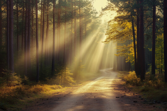 Magical forest in the morning sunlight rays
